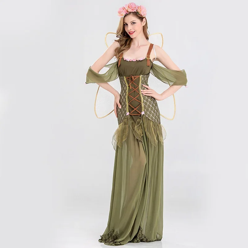 Halloween Adult Ladies Tinker Bell Elf Fantasy Fancy Dress Fairy Tale Flower Fairy Cosplay Costume Green Long Dress With Wings