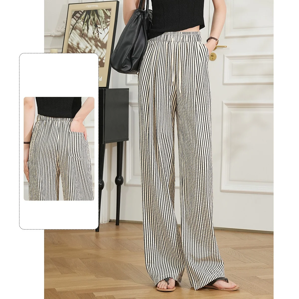 LOUIS YAO Women Casual Long Pants Contrast Color Striped Casual Trousers Loose Fit Straight Wide Leg Pants