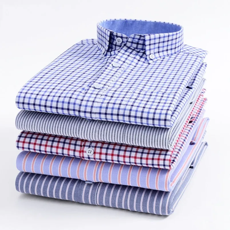 High Quality Mens Cotton Oxford Striped Single Patch Pocket Long Sleeve Regular-fit Comfortable Casual Button-collar Shirt