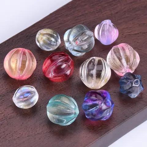 라운드 다채로운 Plicated 호박 모양 8mm 10mm 황금 호일 크리스탈 Lampwork 유리 느슨한 구슬 보석 만들기 DIY 결과