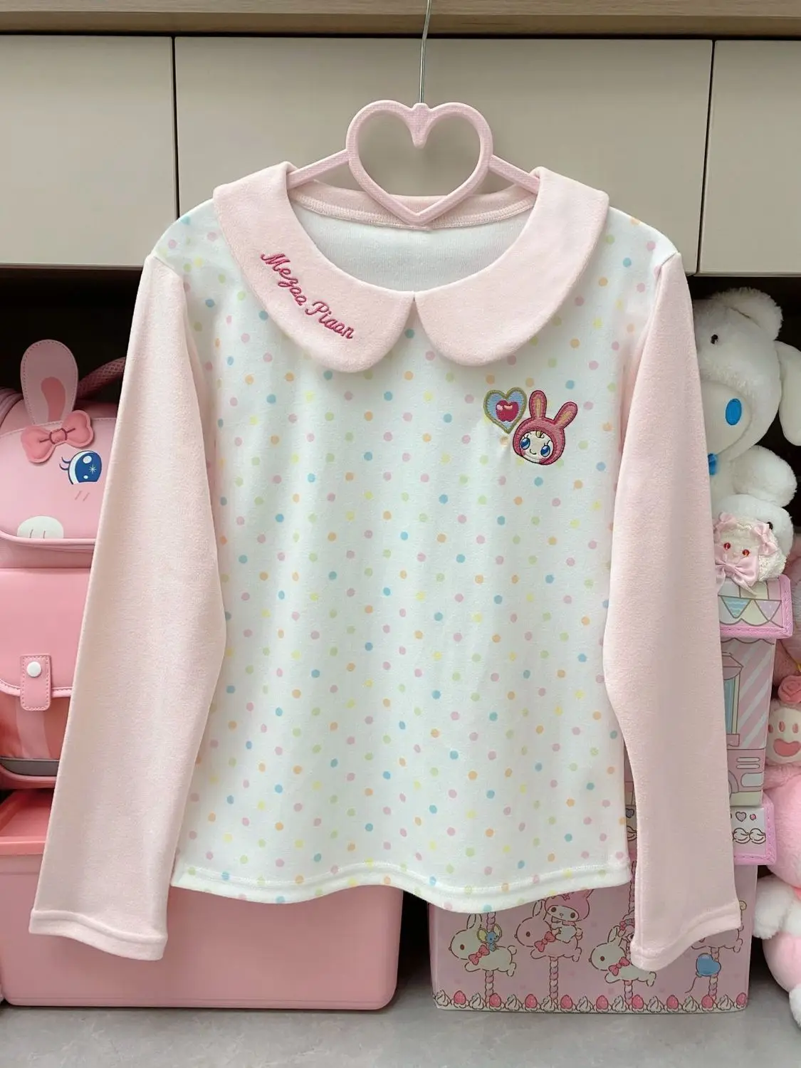 Kawaii Polka Dot T-Shirt with Peter Pan Collar Cute Cartoon Bunny Pink Sweet Aesthetic Top Loli Style Students Girls Japanese