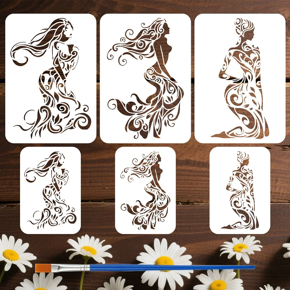 6 Stück, 6 Stile, PET-Schablonen zum Ausstechen und Malen für DIY-Scrapbook-Fotoalben, Frauen, 200~297x140~210mm, 1 Stück/Stil