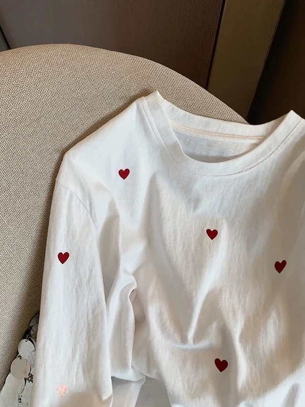 Grande taille femmes longue Sve T-irt coeur imprimé coupe ample rond Ne printemps automne Sle confortable coton haut décontracté