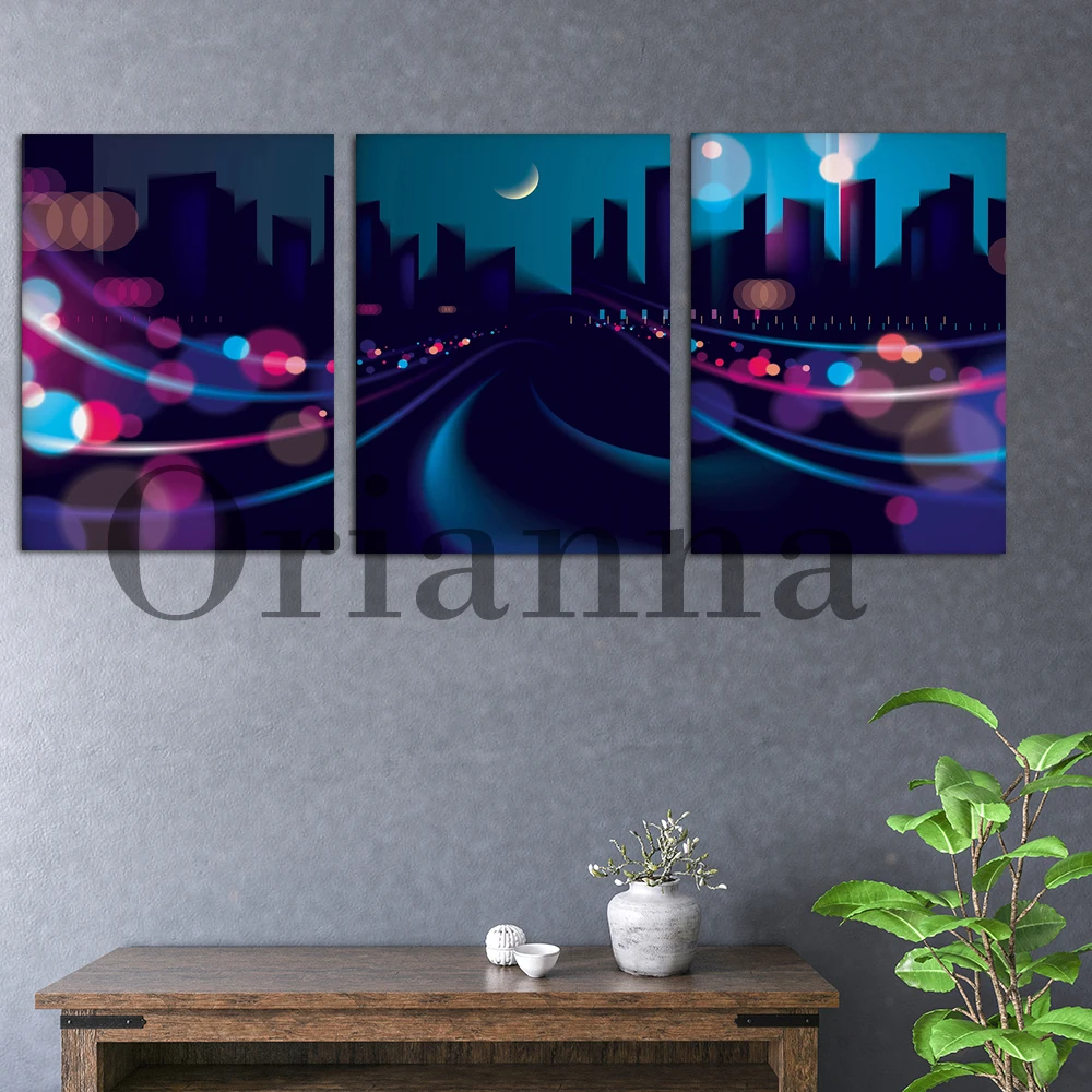 Night Time Skyline Blue & Pink Nightlife Abstract Canvas Painting Wall Art Prints Posters Living Room Bedroom Decor Painting