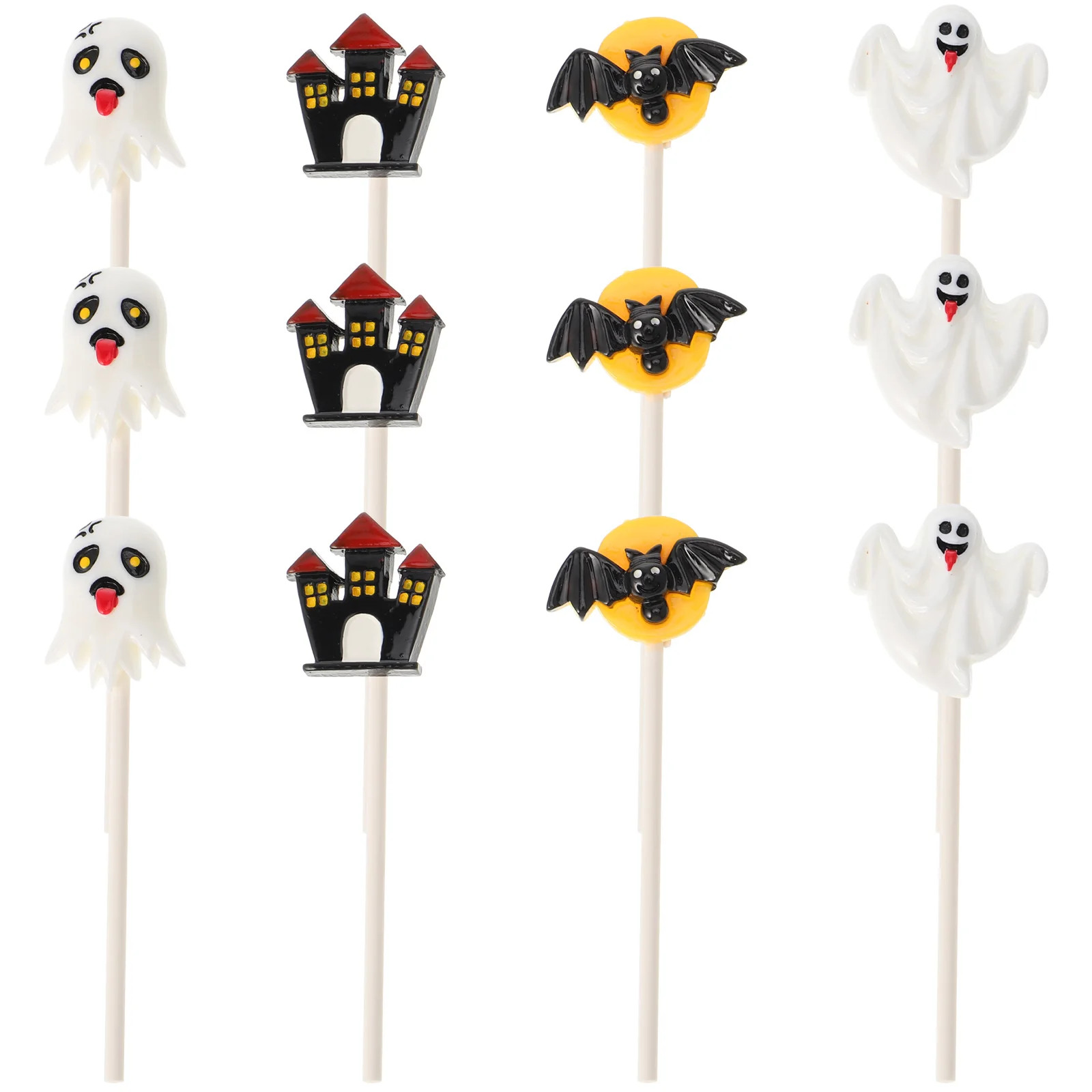 

12Pcs Halloween Cake Toppers Resin Castle Ghost Witch Pumpkin Designs Eco-Safe Cake Decor for Cupcake Party Insert Cards