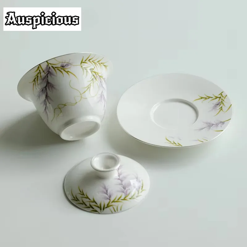 150ml Pure Hand-painted Wisteria Flower Gaiwan Luxury Tracing Silver Tea Tureen Household Tea Maker Cover Bowl Cafes Decoration