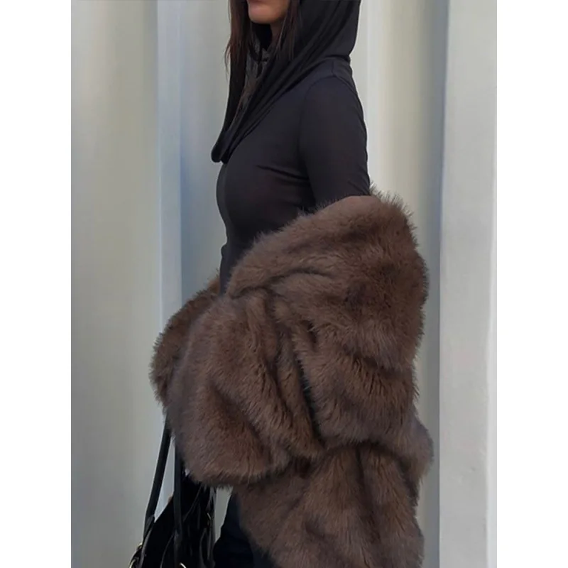Women Fluffy Jacket Winter Clothes Short Faux-Fox Fur Coats Korea Lapel Casual Coffee Outwear Female Thick Warm Plush Overcoat