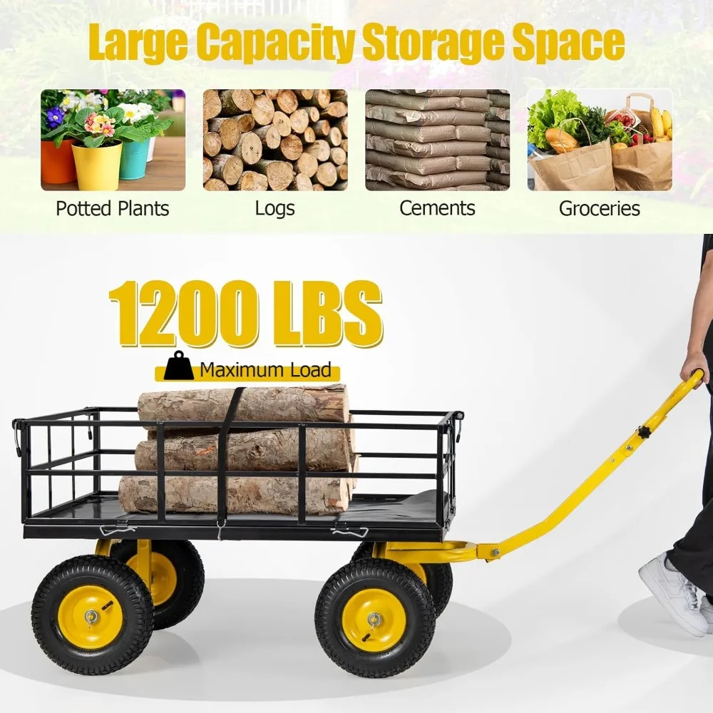 Heavy-Duty Garden Cart with 1200 lbs Capacity, Rotating Handle, Removable Sides, 13 Wheels, Metal Utility Wagon for Outdoor Task