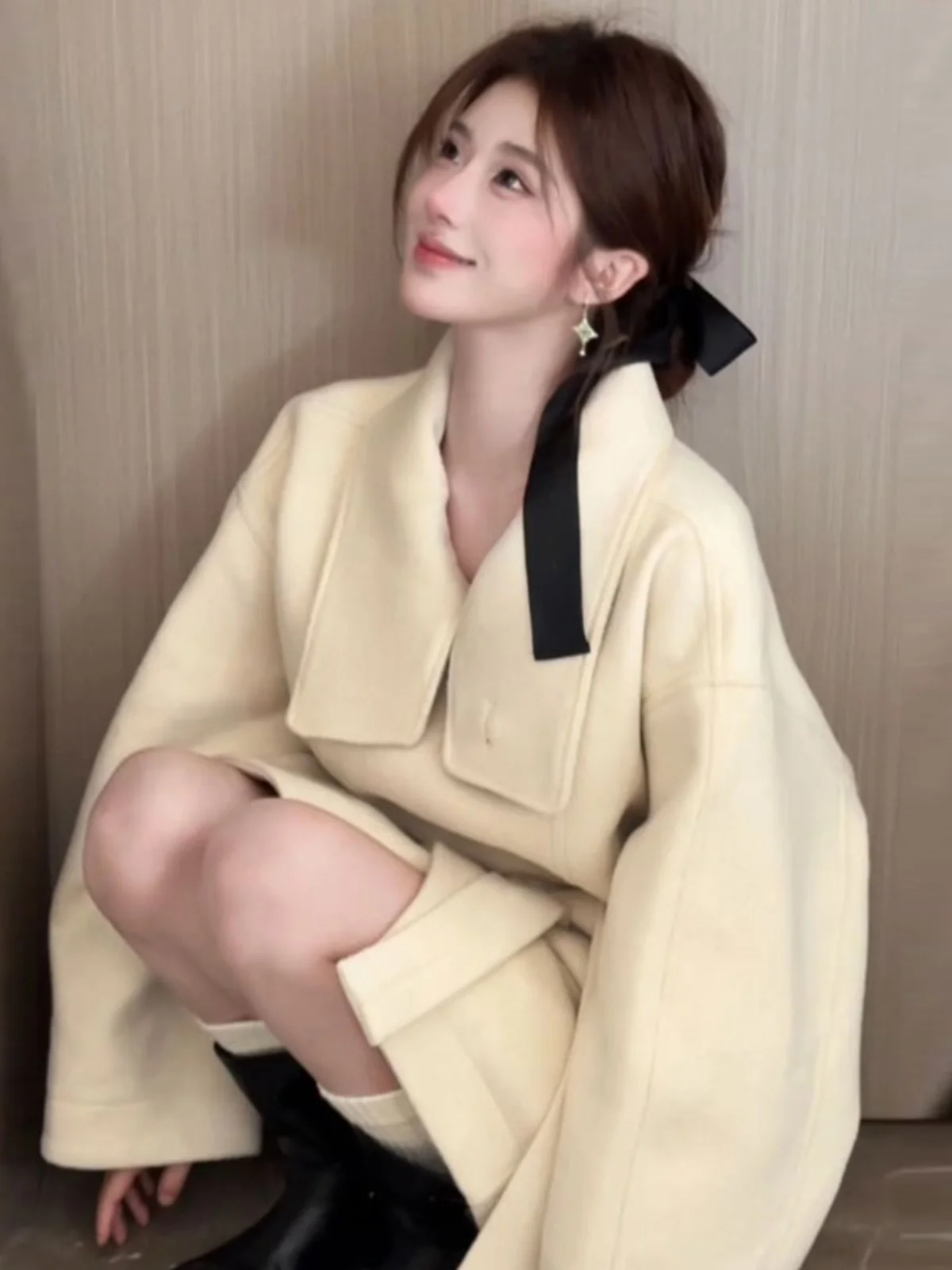 

Korean Style Premium Woolen Coat Medium Length Fashionable Spring New Arrival Women's Jacket Long Sleeve High Collar Pure Color