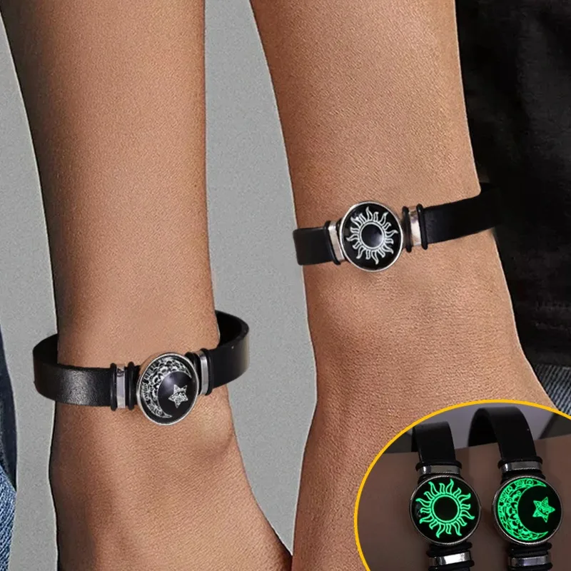 1/2Pcs 여성을위한 PU 가죽 빛나는 팔찌 남자 썬 문 새로운 PU 팔찌 우정 커플 팔찌 로맨틱 쥬얼리 선물