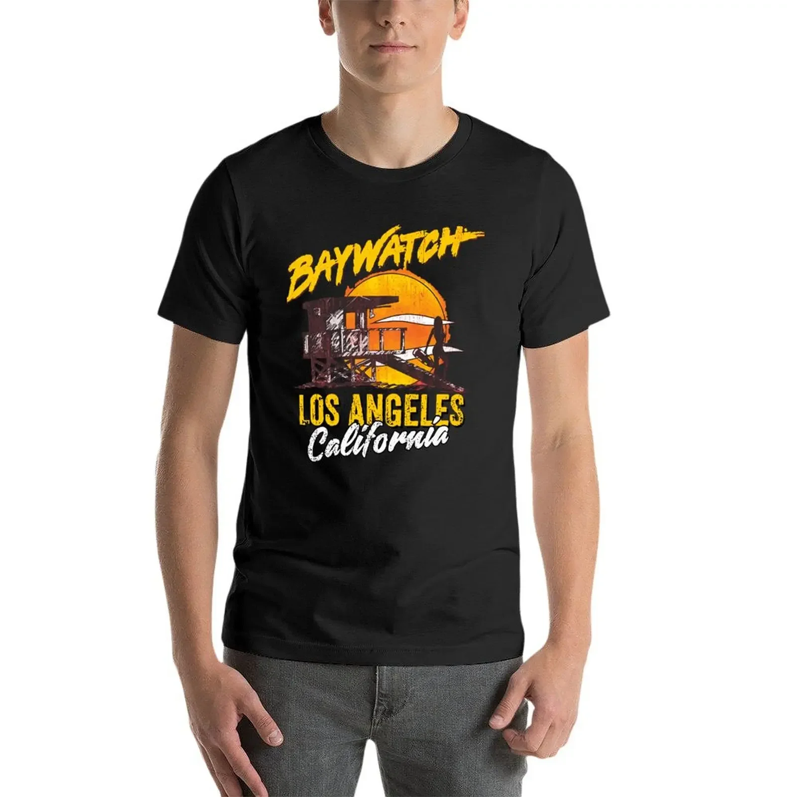 Harajuku Men'S Clothing Short Sleeve Streetwear Plus Si Baywatch Lifeguard Tower Silhouette Sunset Los Angeles Oversize T-Shirts