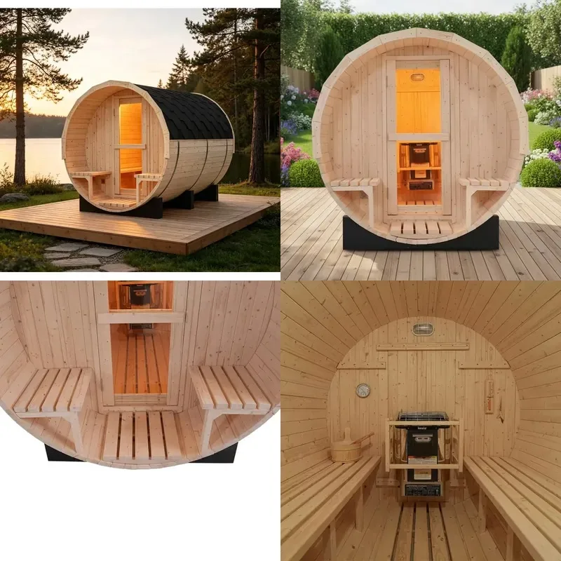 Deluxe Pine Barrel Sauna for 4-6 Adults Outdoor Steam Shower Dry Heating System Rustic Wood Decor Terrace Garden