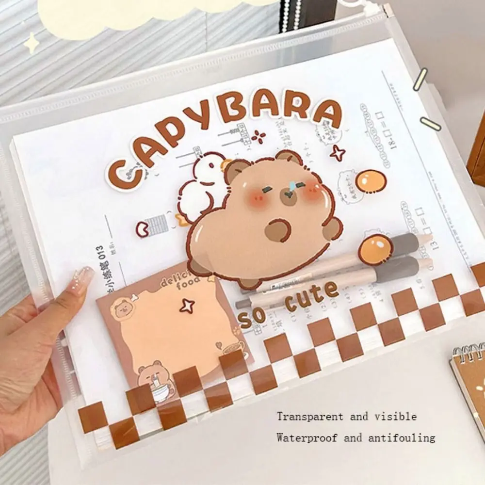 PP Capybara File Bag Transparent and Visible Waterproof Paper Storage Bag Large Opening Light and Portable Zip File Bag