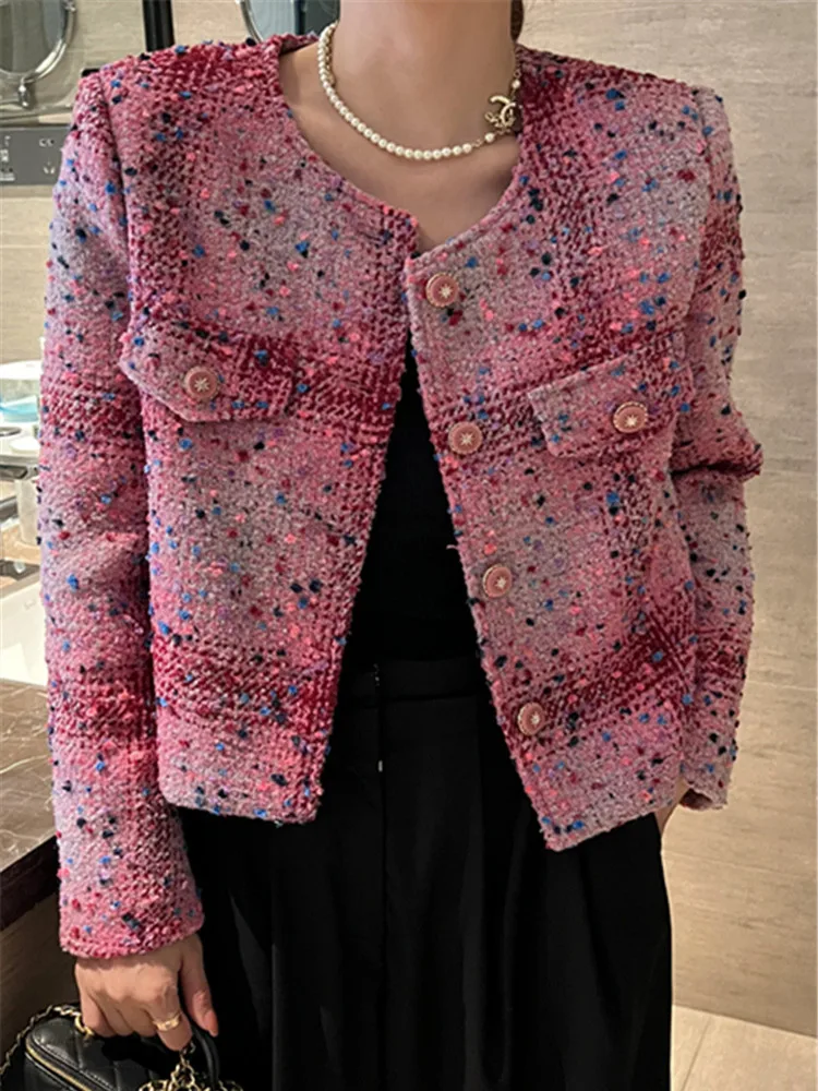 

Autumn Exquisite Ladies Tweed Women Jacket High Quality Top Cardigan Pink Small Fragrance Plaid Short Coat