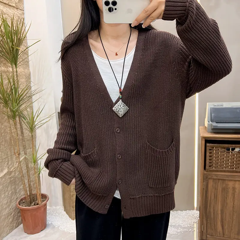 

Knitted Cardigan Jacket For Women's Spring Autumn Mid Length Loose Large Size V-Neck Artistic Casual Long Sleeve Top Z1165