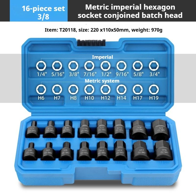 

16 Pcs Hexagonal Socket Electric Wrench Screwdriver Socket Integrated Batch Head Set 3/8" Drive Repair Removal Spanner Tools