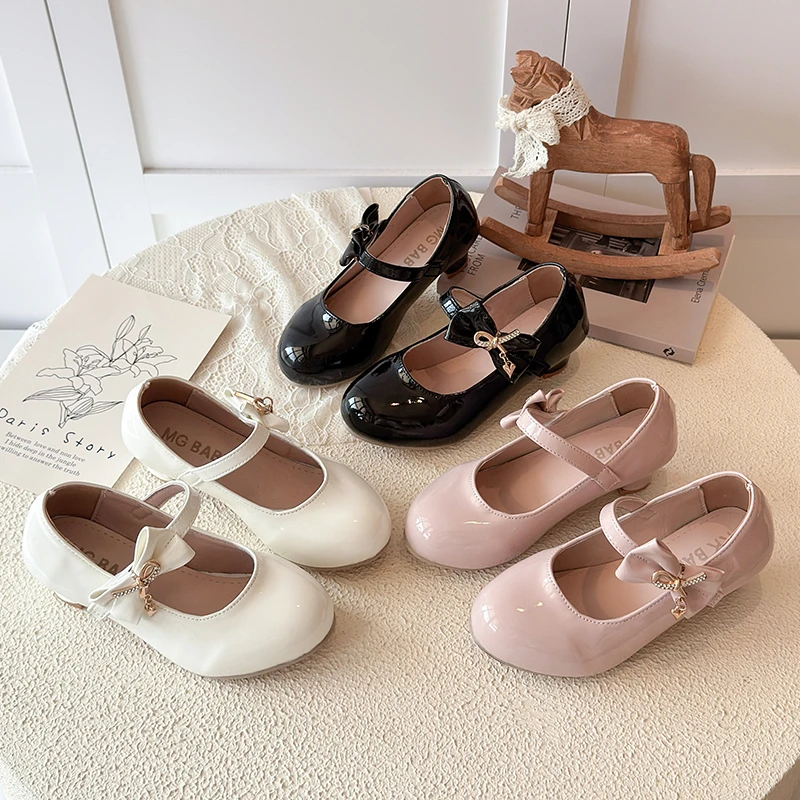 Girls' Elegant High Heels Simple Fashionable Metal Decoration Children's Leather Shoes Performance Shoes Kids' Shoes Size 27-36