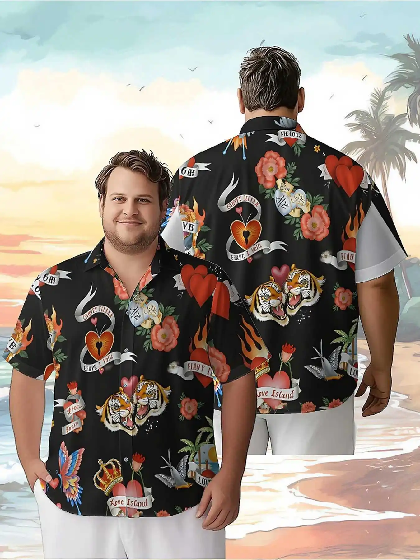 

Men's Plus Size Hawaiian Shirts Flames and Wings pattern, Summer Casual Tops, Suitable for Outdoor and Party, Streetwear