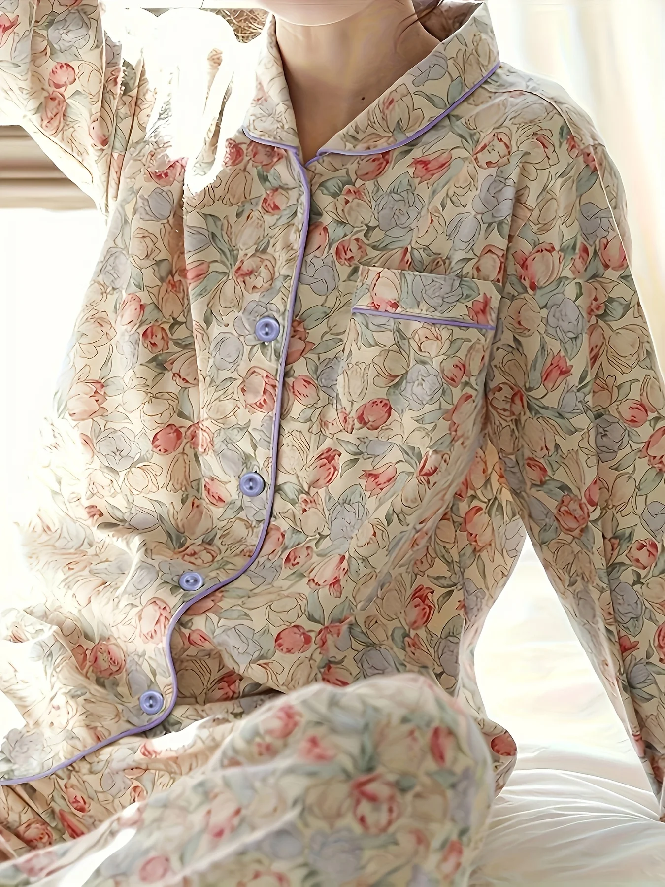 Women's New High-Aesthetic Long-Sleeve Pajama Set - Floral Print with Contrast Piping, Oil Painting Style, Minimalist Casual Gen