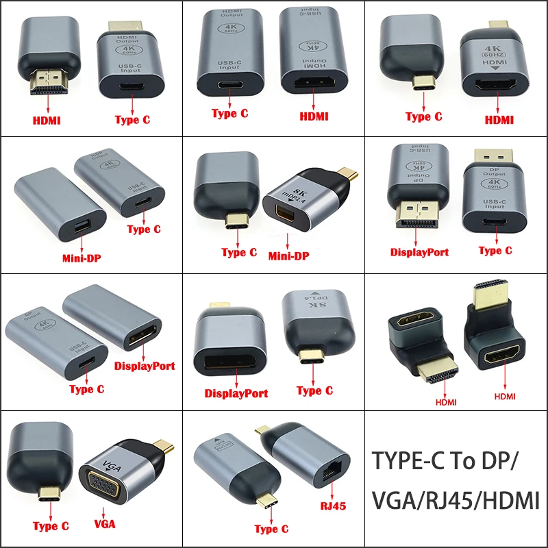1PCS USB TYPE-C to HDMI/MiniDP/DP/VGA/RJ45 Male Female Adapter Connector 4K 8K 60Hz For Laptop MacBook TV Box PS5 Switch Galaxy