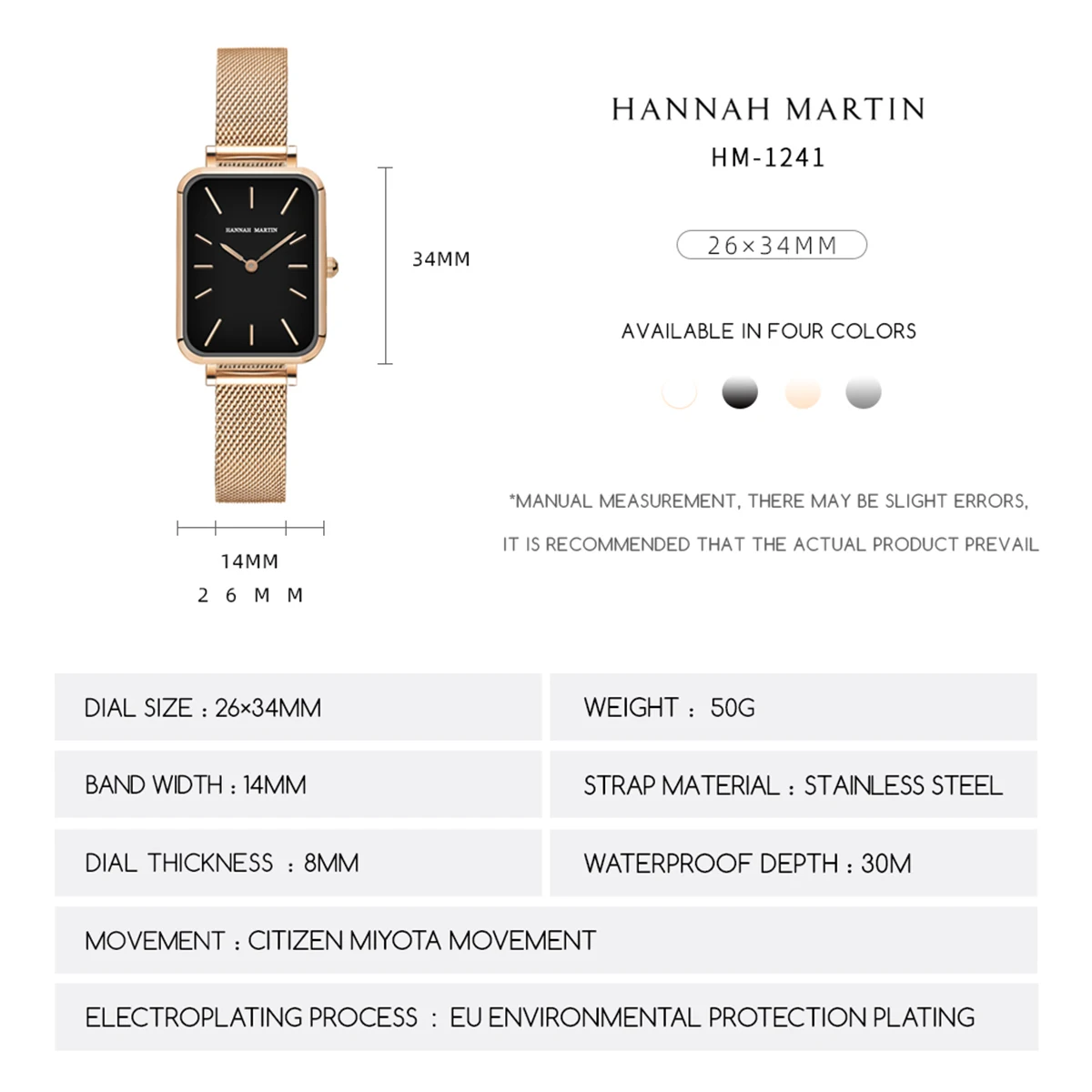 HANNAH MARTIN Brand Women Simple Watch Square Fashion Japanese Quartz Movement Stainless Steel Mesh Belt 3Bar Waterproof Watches