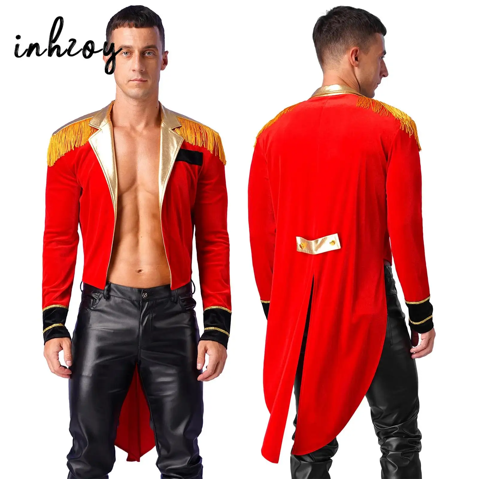 

Mens Circus Ringmaster Showman Jacket Lion Tamer Costume Halloween Carnival Party Cosplay Tailcoat Velvet Swallow-Tailed Coat