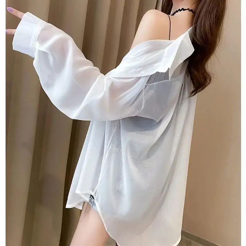 Women Summer Simplicity Trend Loose Sunscreen Solid Color Polo-Neck Long Sleeve Shirts Women Clothes Korean Casual Chiffon Tops