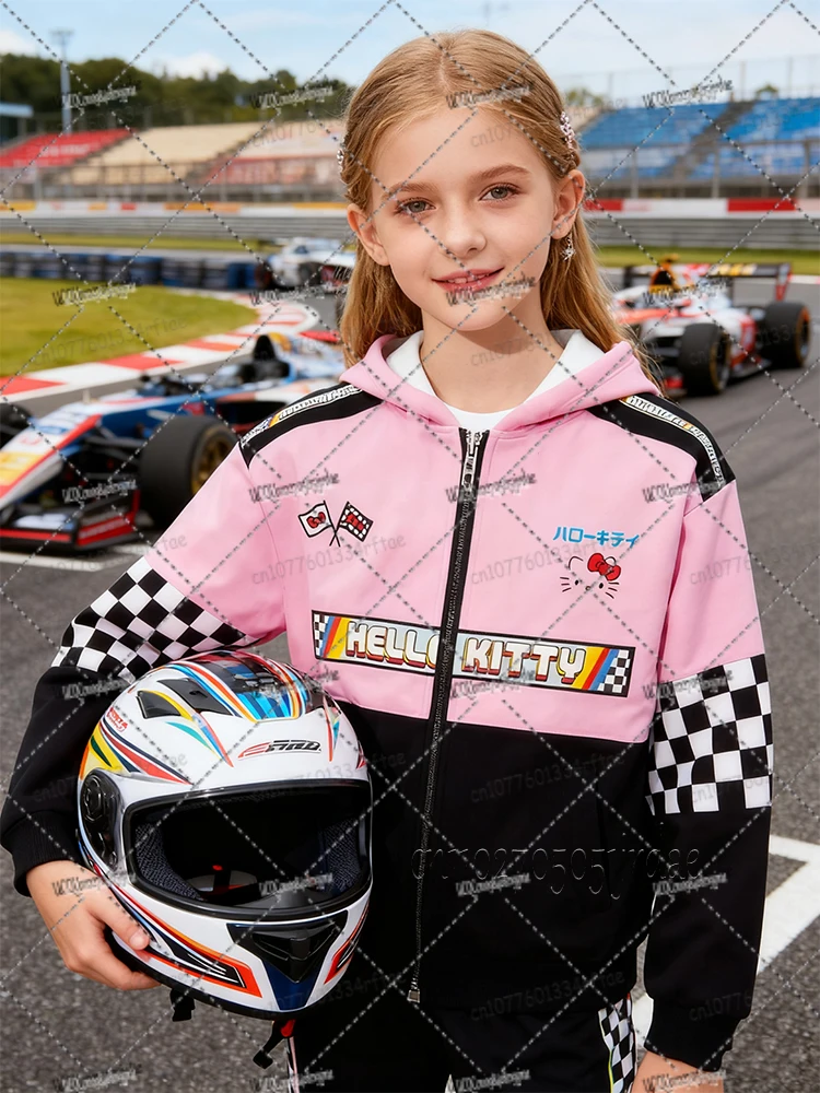 

Sanrio Anime Hello Kitty Racing Zipper Hoodies Autumn Winter Zip Up Sweatshirts Boys Girls Racing Coat Kids Christmas Gifts