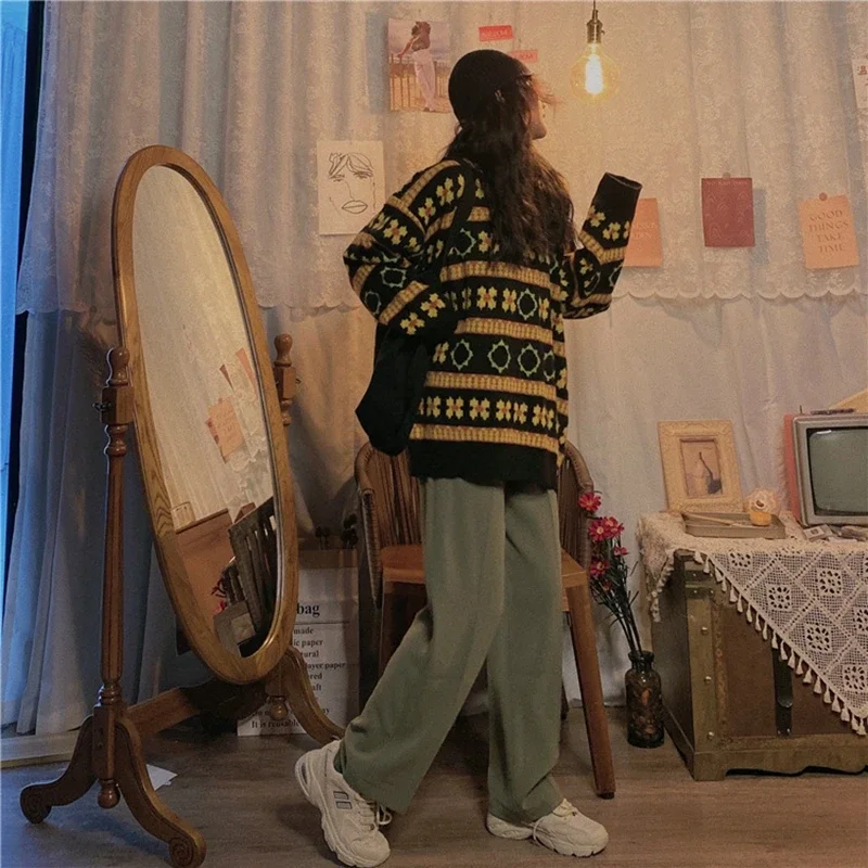 Autumn Winter Thick Loose Long Sleeve Round Neck Harajuku Street Style Sweaters Retro Striped Women Sweater Pullover Tops Female