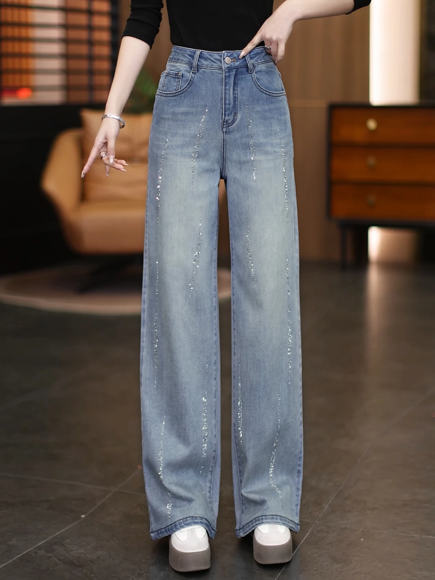 

High Waist Straight Leg Denim Jeans Women's Spring Autumn New Popular Hot Sale Rhinestone Slimming Narrow Version Wide Leg Pants
