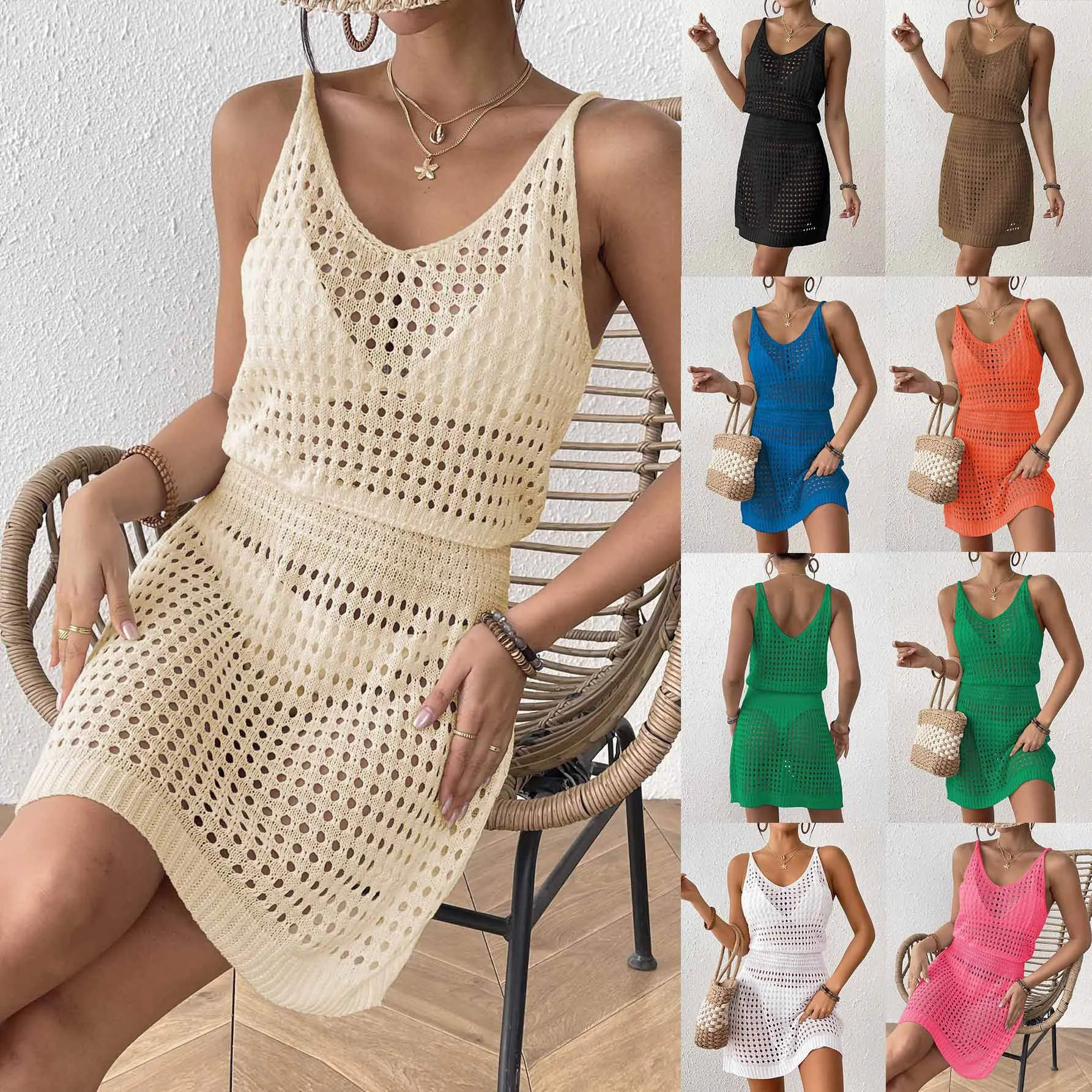 New Openwork Stretch Waistband Halter Dress: Sexy Dress, Beach Dress, Beach Vacation, Casual