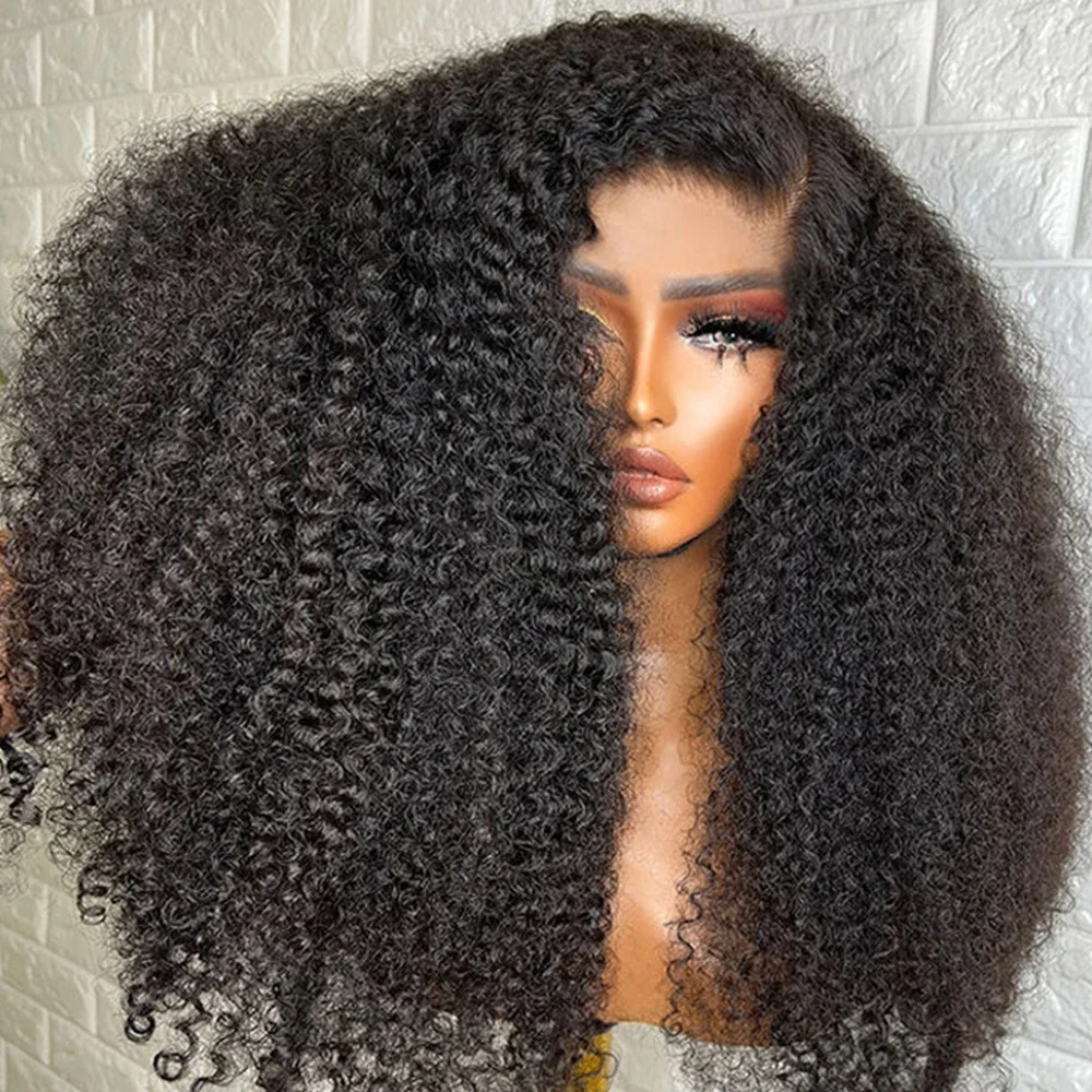 Perruque Lace Front Wig sans colle bouclée crépue noire naturelle pour femme noire, cheveux de bébé doux, densité 180, préplumée, degré de chaleur, 26 po, 03/3