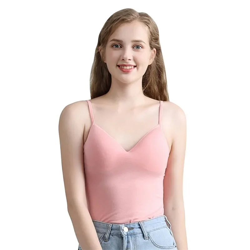 Sexy Women Solid Padded Bra Spaghetti Camisole Top Women Vest Female Camisole with Built in Bra Cami Top Vest Padded Tank Tops