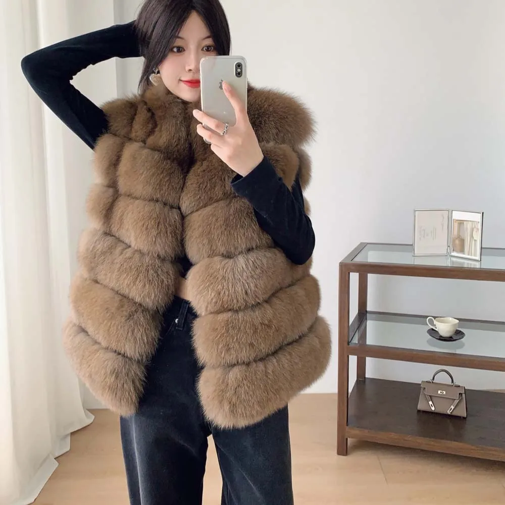 سترة من فرو الثعلب الحقيقي الطبيعي بدون أكمام للشتاء الدافئ سترة من الفرو الطبيعي معاطف من فراء الثعلب