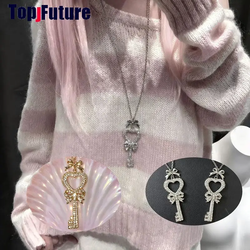 Y2K Subculture Handmade Lace Style Mass Produced Subculture Japanese Gyaru Diamond Rhinestone Heart Key Necklace Sweater Chain
