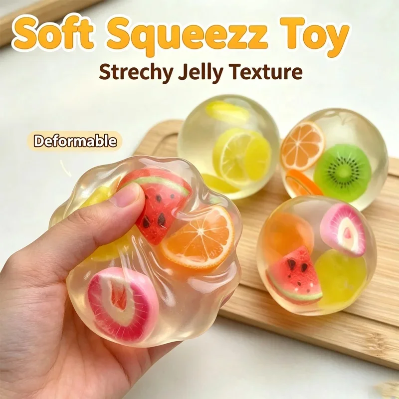 Fruit Squeeze Ball Moldable Coconut Oil Stress Ball Squishy Non‑Bounce Watermelon Orange Squeeze Toy Transparent Sensory Toy