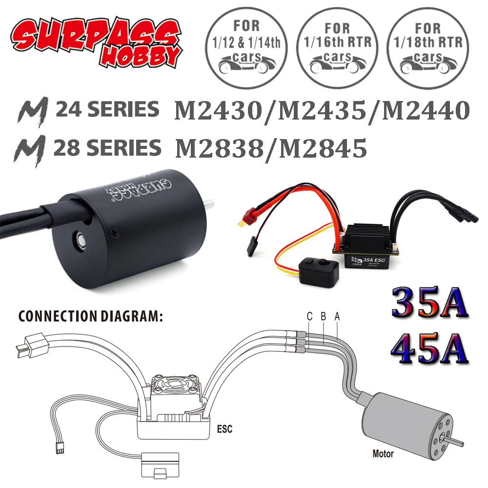 

Surpass Hobby M2430/2435/2440/2838/2845 Brushless Motor 45A 35A ESC 2-3S Combo Set for 1/18 1/16 1/14 1/12 RC Crawler Truck Cars