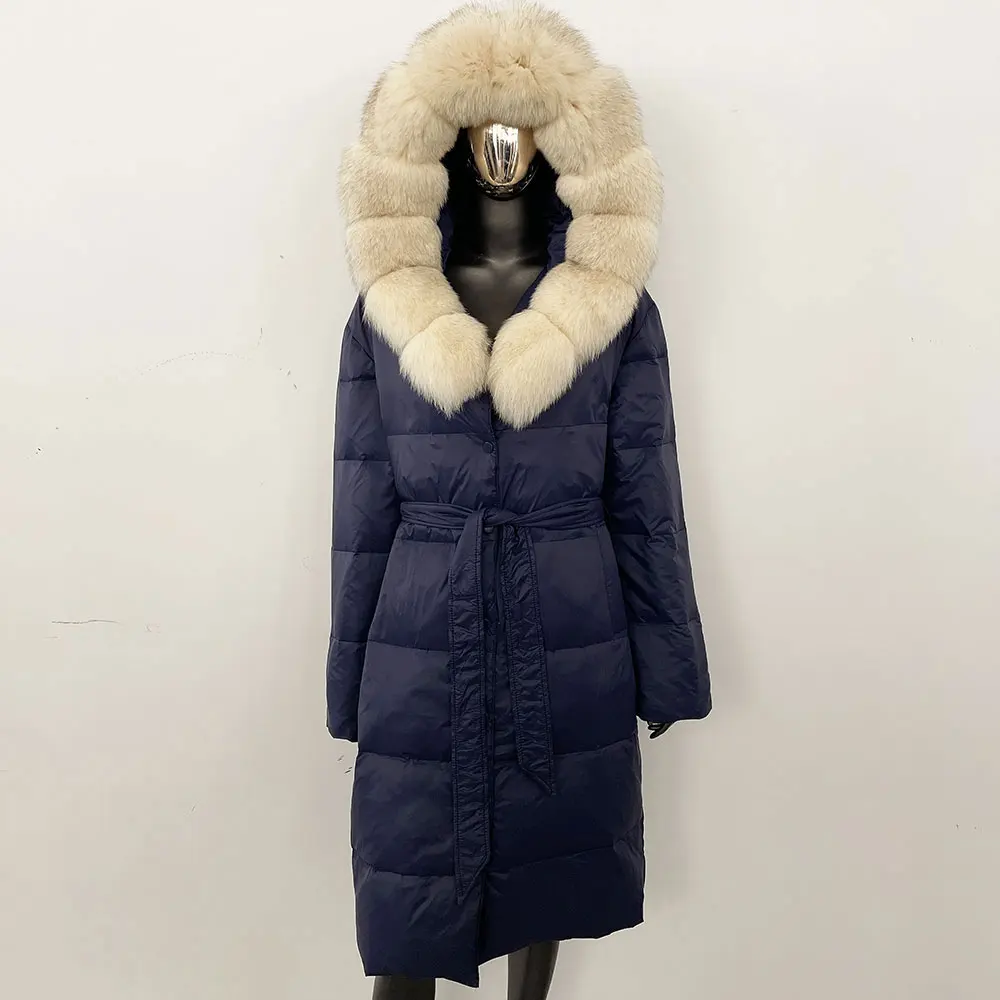ホワイトダックダウンコート レディース 2025年冬 ナチュラルラクーンファー ジャケット ロング丈 フード付き 本物のフォックスファー パファージャケット 女性用