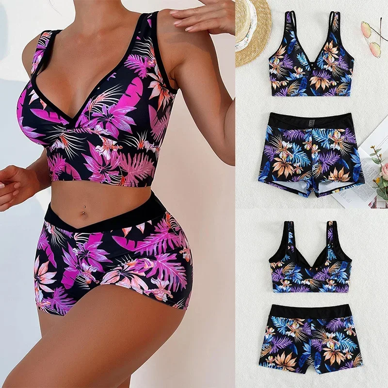 

Bikini Sets for Women V Neck Swim Bra Top with Shorts Floral Print 2 Piece Swimsuit Sexy Push Up Beach Hawaii Swimwear