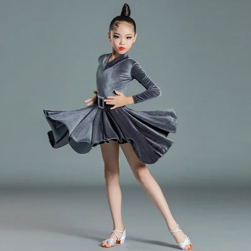 Children Latin Dance Dress Training Clothes Grey Autumn Winter Korean Velvet Long Sleeve Girls Competition Clothes