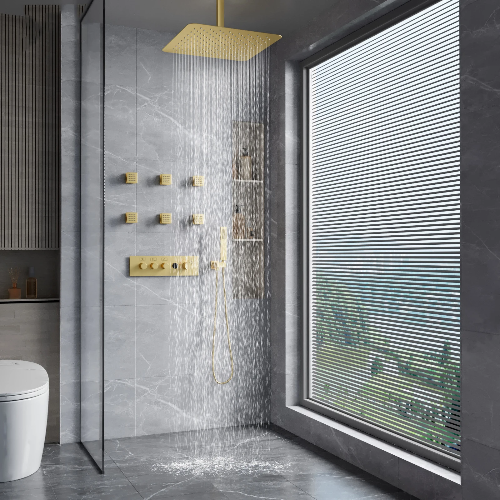 Brass Single Waterfall Shower Head Thermostatic Ceramic Ceiling Mounted Bathroom Shower System Slide Bar Rain Massage Spray