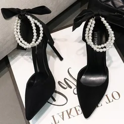 Black Women's Pumps 2024 Summer New Brand Design String Bead Pearls Wedding Bridal High Heels Sexy Pointed Toe Party Dance Shoes