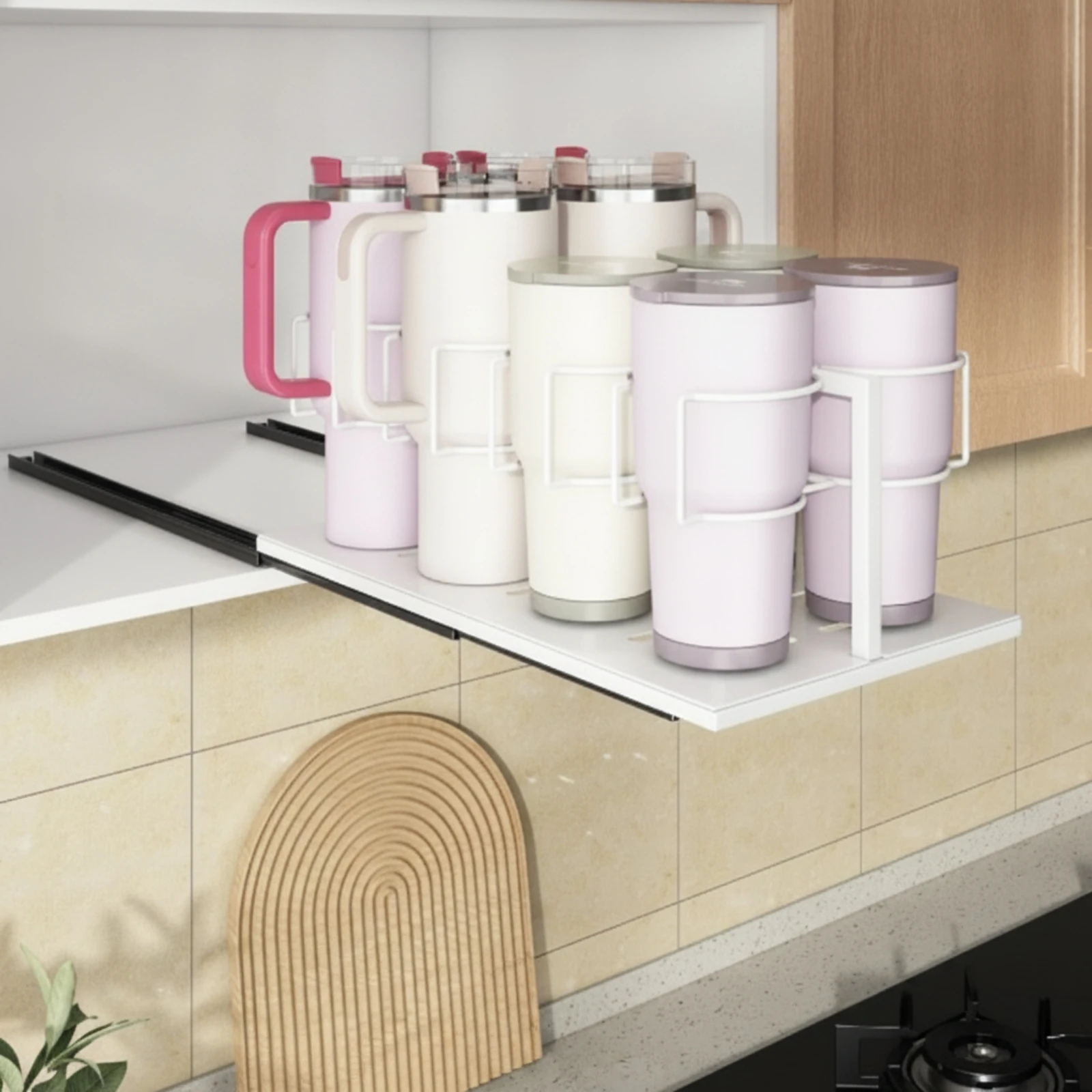 Tumbler Holder with Slide-out Rail Space-Saving Pull-out Cabinet Organizer Tumbler Storage Organizer Sliding for Pantry