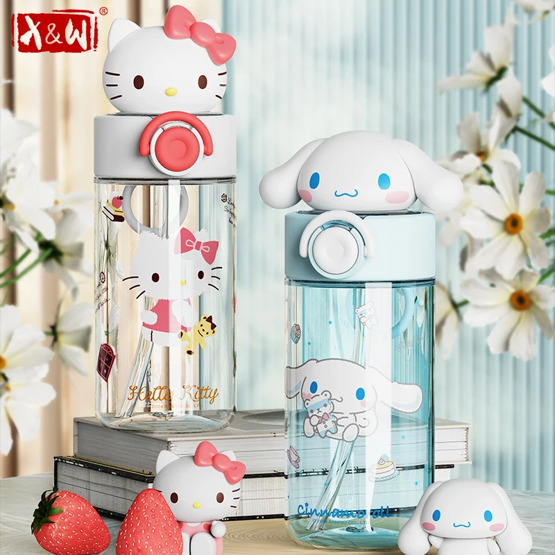 X&W For Sanrio Transparent Cup 500ml Kawaii Hello Kitty Kuromi Water Bottle Tritan Kid Drinking Cup Portable Outdoor Straw Cups