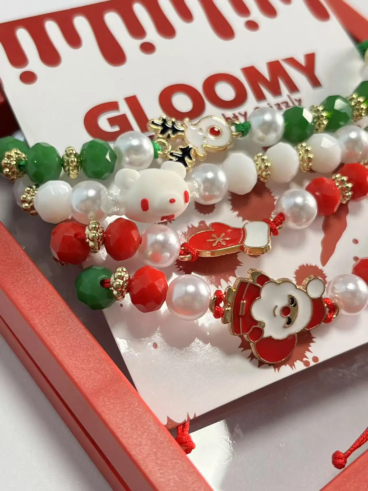 سوار مطرز لعطلة عيد الميلاد، سوار لون الحلوى باللون الأحمر والأبيض والأخضر مع سحر سانتا، صندوق هدايا جاهز #4