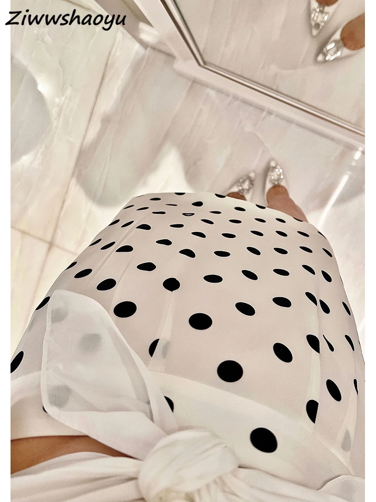 

High Quality Summer Women Fashion Runway Designer Silk Polka Dot Printed High Waist Big Swing Beach Holiday Short Skirts