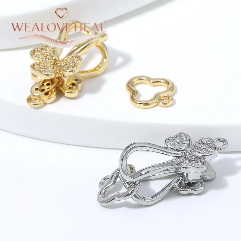 18K vergoldeter Messing-CZ-Dreifachkleeblatt-Druckverschluss-Verbinder für Perlenarmbänder, Halsketten und DIY-Schmuckherstellung – Detail 18