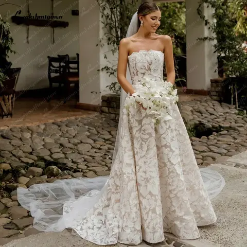 Lakshmigown Full Lace Strapless Wedding Dress Featuring Stunning Lace Appliques and Floral A-Line Bridal Dress Customized