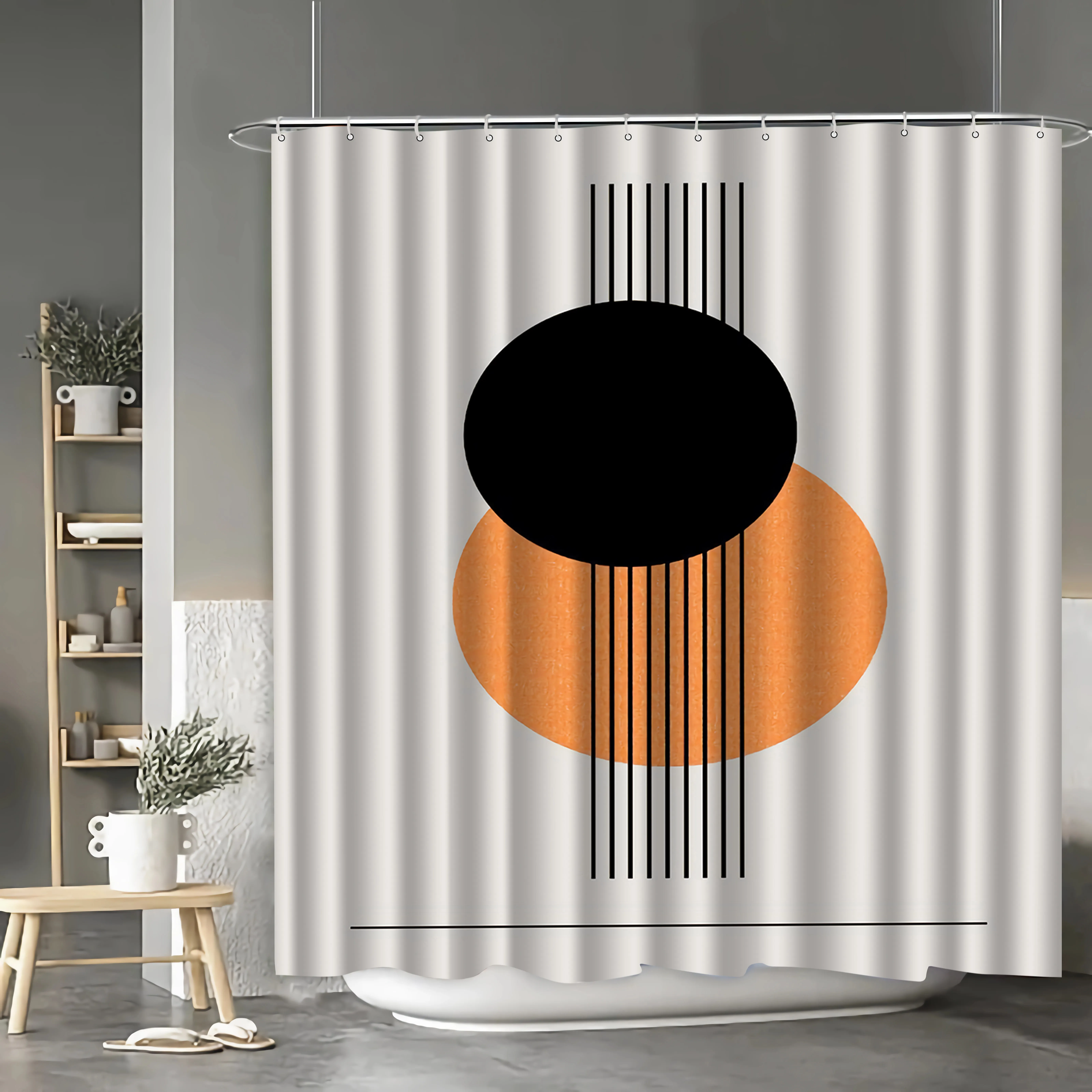 

Modern geometric pattern shower curtain, polyester fabric, machine washable, with hooks, suitable for bathroom décor.