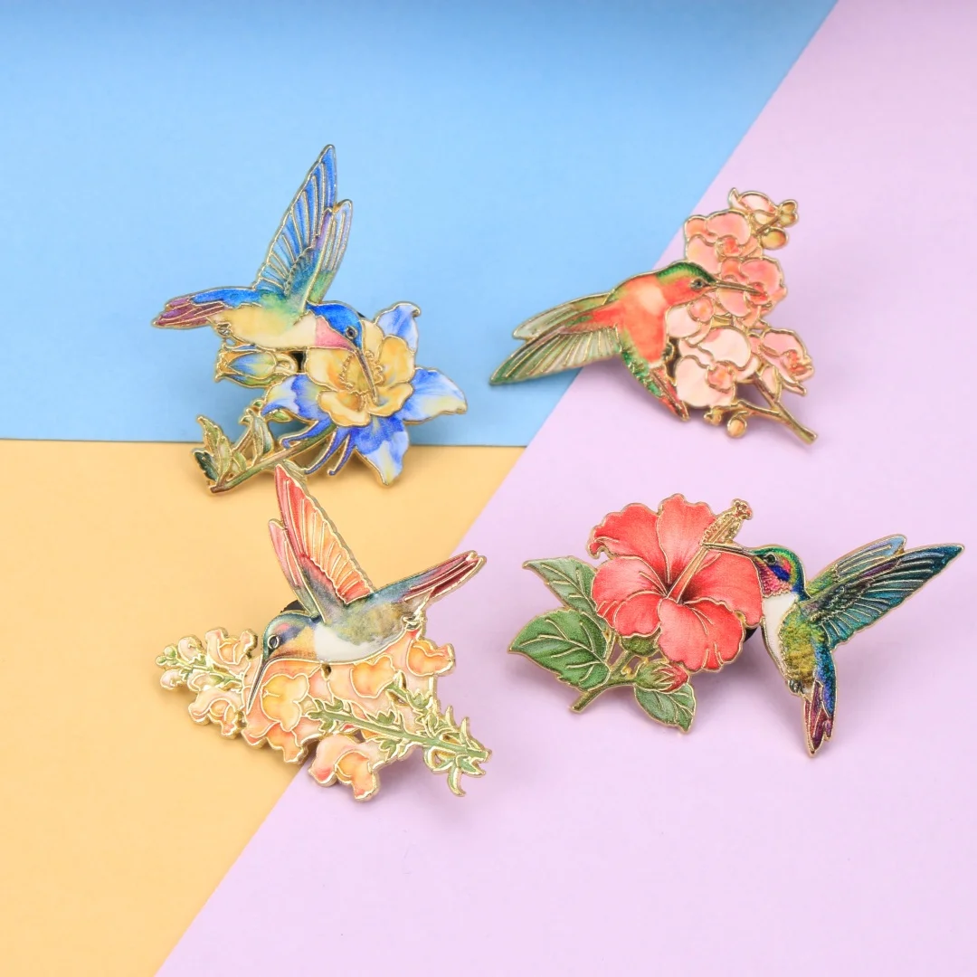 Assorted Vibrant Hummingbird & Floral Enamel Pin Set, Delicate Gold Trim Bird Brooches, Colorful Botanical Metal Badges Jackets view 6